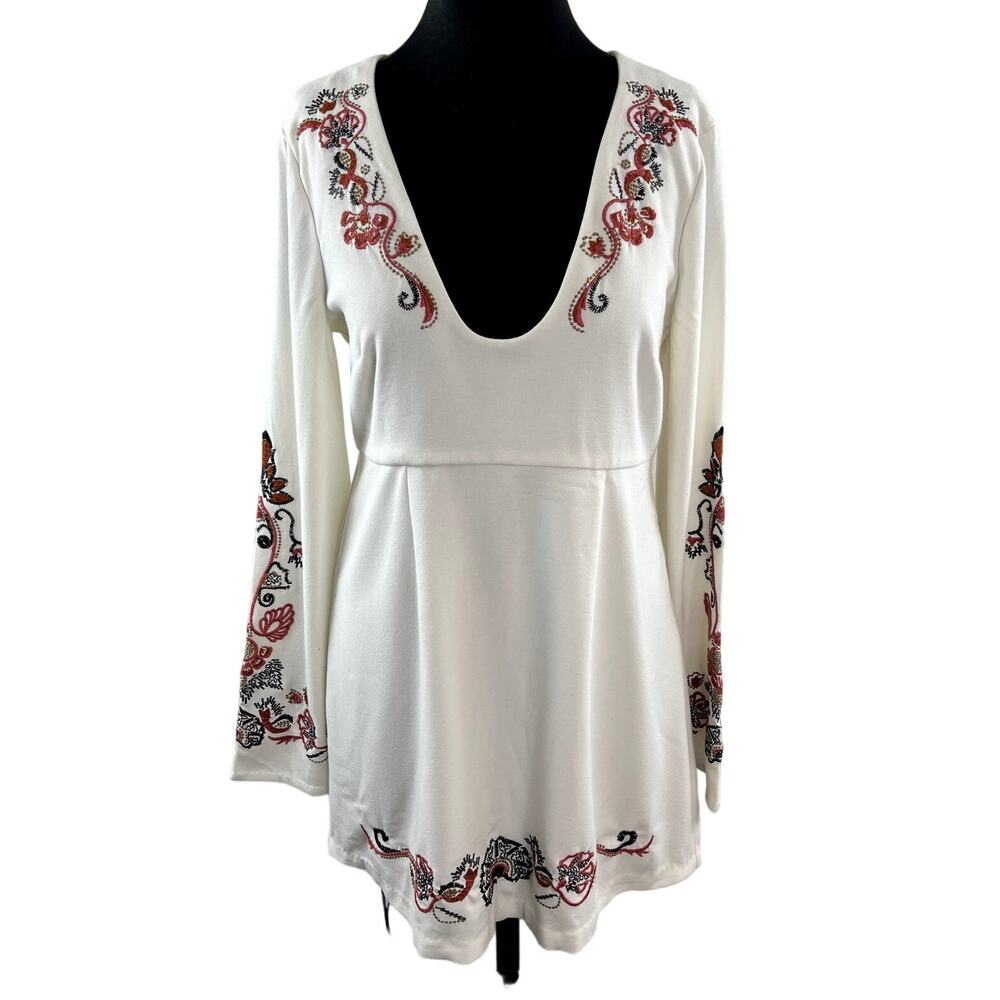 FREE PEOPLE Holiday Folk Mini Dress Ivory Combo Embroidered Flare Sleeve Boho 8